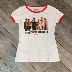 Stranger Things It Only Gets Stranger Ringer T Shirt Large